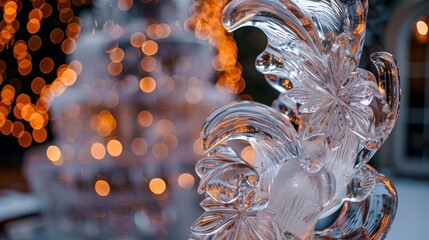 Ice sculpture display at a winter holiday celebration, twinkling lights