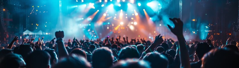 Music festival vibes, outdoor stage, and crowd enjoying the night - obrazy, fototapety, plakaty