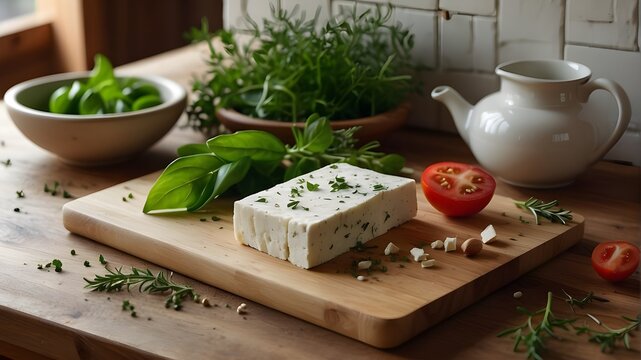 scrumptious feta cheese and herbs on a cutting board set on the kitchen table