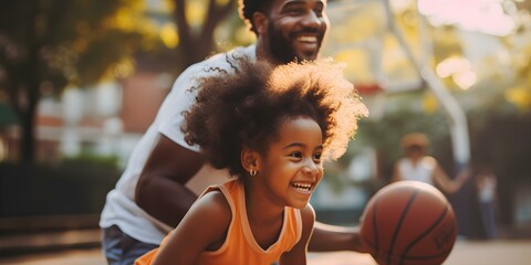Father and daughter share a heartwarming moment playing basketball together. Concept Family Bonding, Sports Activities, Quality Time, Parent-Child Relationship, Basketball Fun