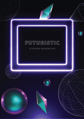 3D realistic iridescent shapes and wireframe design dark background neon frame