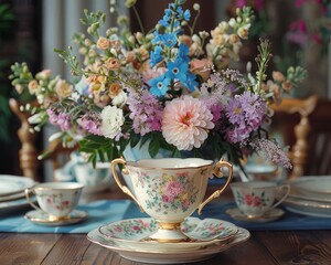 Obraz na płótnie Canvas Vintage tea party charm, antique teacups and floral arrangements