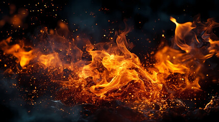 Abstract fire background with hot sparks rising from a fire in the night sky - obrazy, fototapety, plakaty