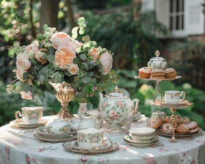 Vintage tea party in a lush garden, pastel decorations, and fine china