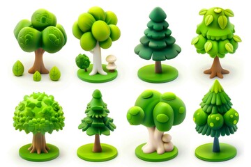 Collection of 3d cute tree isolated on white background