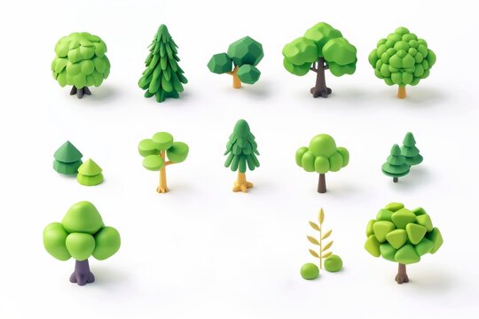 Collection of 3d cute tree isolated on white background