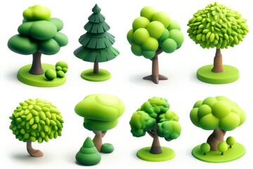 Collection of 3d cute tree isolated on white background