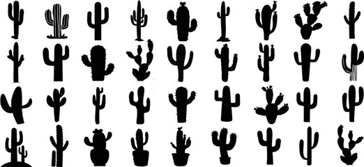 Black cactus silhouettes, diverse shapes and sizes, isolated on white background. Ideal for wallpaper, wrapping paper, textile prints © Arafat