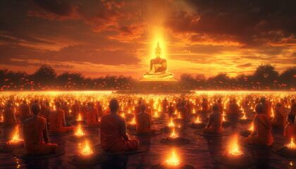 AI creates images of large numbers of monks gathering at a temple to pay homage to the Buddha in a Chinese temple on an important Buddhist day.