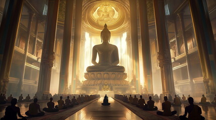 AI creates images of large numbers of monks gathering at a temple to pay homage to the Buddha in a Chinese temple on an important Buddhist day.