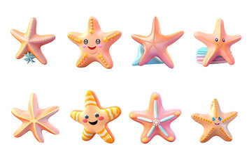 Starfish icon set, 3D render style, isolated on white or transparent background.