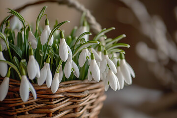 Snowdrops in a wicker basket. Spring card