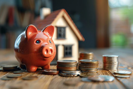 Reflective Piggy Bank with Coin Savings.
Shiny piggy bank on a reflective surface illuminated by soft bokeh lights, with coins beside it.