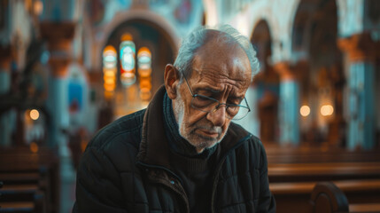 Fototapeta premium Elderly man mourns with heavy heart in church sanctuary