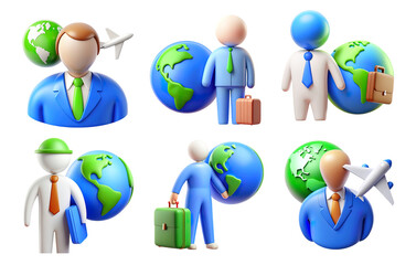 travel agent, Travel icon set, 3D render style, isolated on white or transparent background.