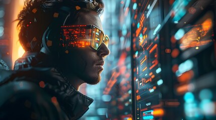 Man in Futuristic Setting Looking Over a Computer in Retro-Futuristic Style