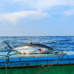 full body of tuna fish on blue wood of fishing boat