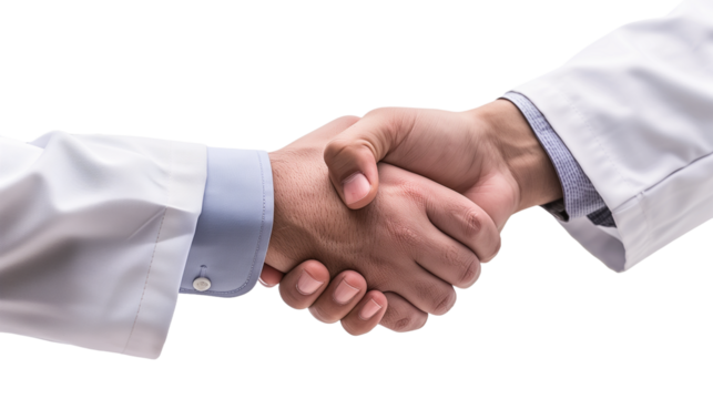 Businessmen and doctor handshaking. Deal with a project.