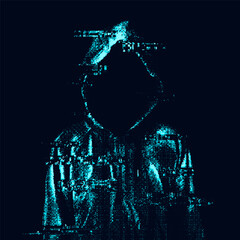 Glitched silhouette, bitmap effect, error signal, technical problem. Hacked system or cyber attack. Vector illustration.