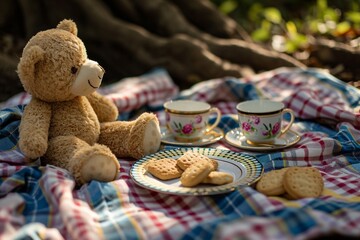 : A teddy bear picnic with plates, cups, and cookies on a checkered blanket.