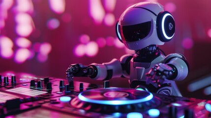 Fototapeta na wymiar Futuristic robot DJ playing music on turntables