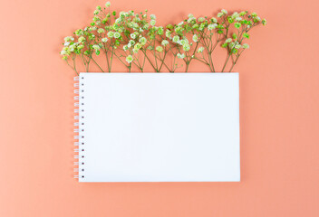 Notepad with gypsophila branches on the light