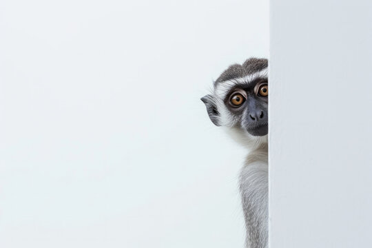 Funny monkey on a white background. Hide and seek games. An animal peeks out from behind a white wall. Banner, empty space for text. Playful funny animals. The animal looks into the frame from behind 