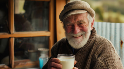 Grinning elderly man enjoys milk break