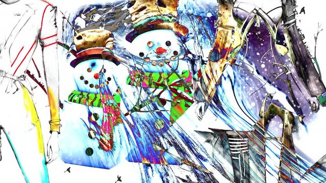 Futuristic Fashion Illustration with Snowmen in a Wintery Scene