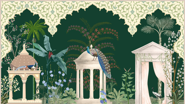 Traditional Mughal garden, arch, peacock, plant botanical illustration. Mural wallpaper design, landscape illustration.