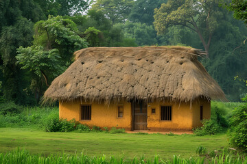 Fototapeta na wymiar A mud house with a thatched roof and a wooden door surrounded by green fields and trees.