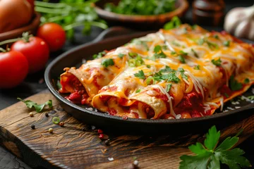 Keuken spatwand met foto Mexican-style enchiladas with meat and chili red sauce. © Chalermpon