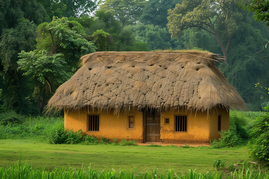 A mud house with a thatched roof and a wooden door surrounded by green fields and trees.