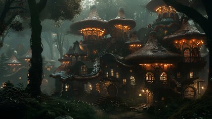 Fototapeta na wymiar medieval village built inside giant magical mushrooms, dark fantasy art. generative AI