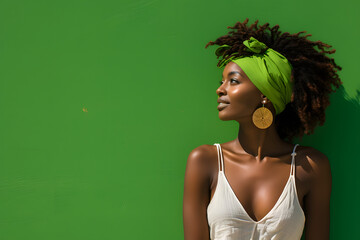 Stylish Jamaican beach model deep in thought against vibrant reggae green backdrop.