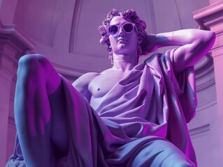 A 3D purple statue of a trendy man with sunglasses  pop art