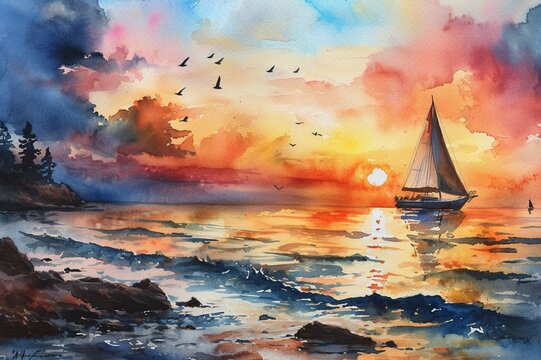 : A watercolor painting of a colorful sunset over the ocean with seagulls and a sailboat.