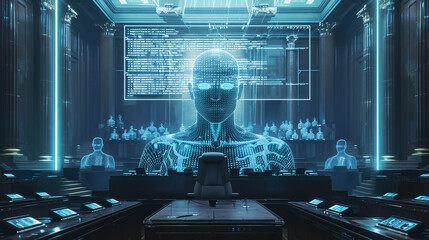 Cyber Justice System a high-tech courtroom where AI judges preside over digital cases - obrazy, fototapety, plakaty