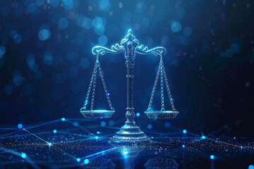 Digital Scales of Justice illuminated against a futuristic blue data network backdrop