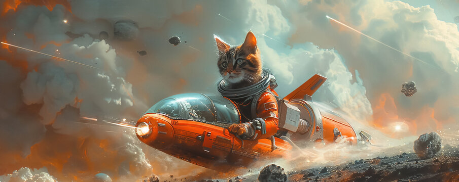 Cosmic Feline Explorer navigating through a field of asteroids