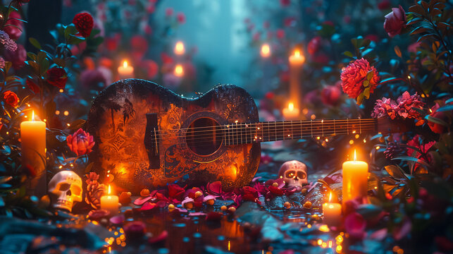 Dia de muertos altar concept  Day of the dead or dia de muertos banner with flowers  skulls  candles  guitar