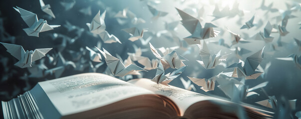 Handmade paper creations come to life with a flock of origami birds flying out from the pages of an open book into a dark enchanting space - obrazy, fototapety, plakaty