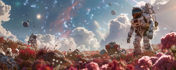 In a distant landscape machines work alongside an astronaut among bizarre flora with a galaxy...