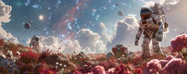 Crédence de cuisine en verre imprimé Marron profond In a distant landscape machines work alongside an astronaut among bizarre flora with a galaxy overhead