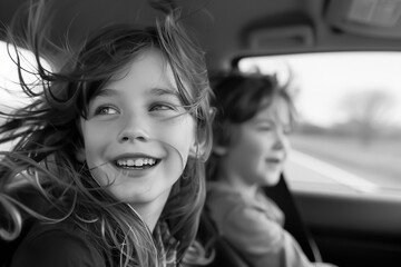 Joyful Car Journey kids playing games windows down hair tousled by the breeze