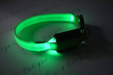 Pet accessories, a glowing collar for cats and dogs, which glows green and is located on a piece of...