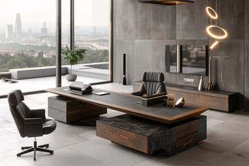 A modern office with a sleek black coffee table