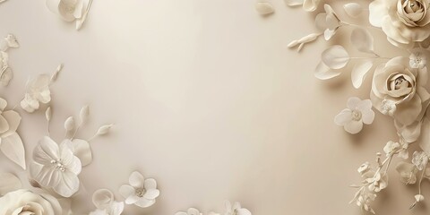 White and beige background with flowers, template, cover decor, postcards or banner for a wedding with an empty copy space