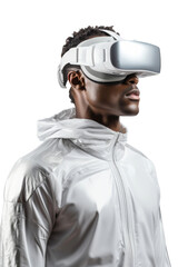 Artificial intelligence. unknown man standing use Virtual reality glasses wearing colorful trendy clothes on transparent background, Png format.