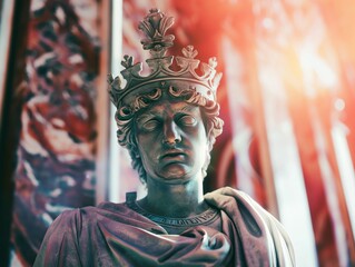 An ancient statue of a man wearing a crown on his head